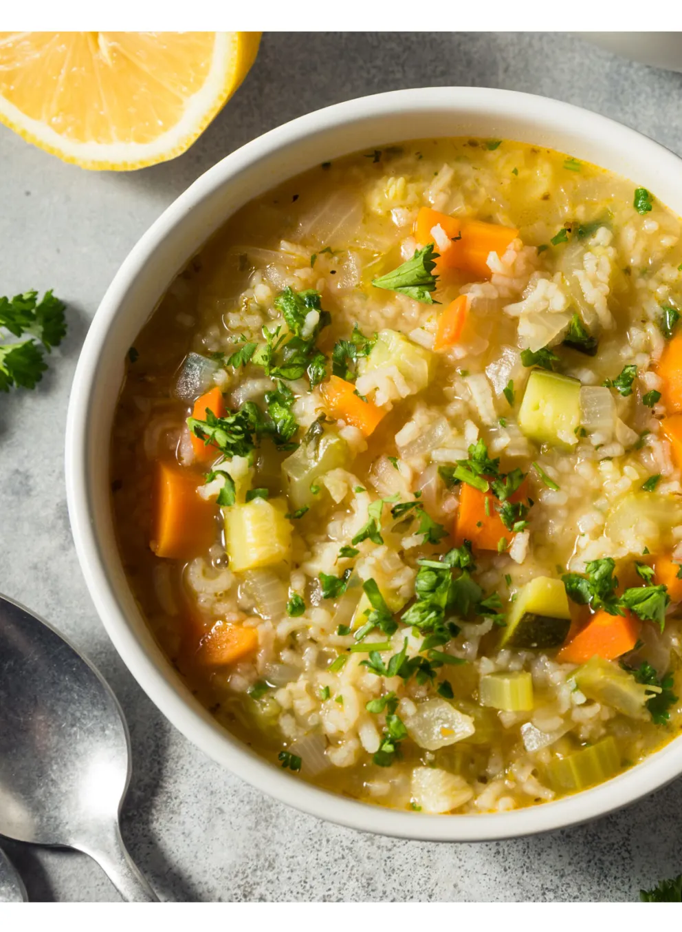 Bowl of Lemon Orzo Soup , spoon, and sliced lemon