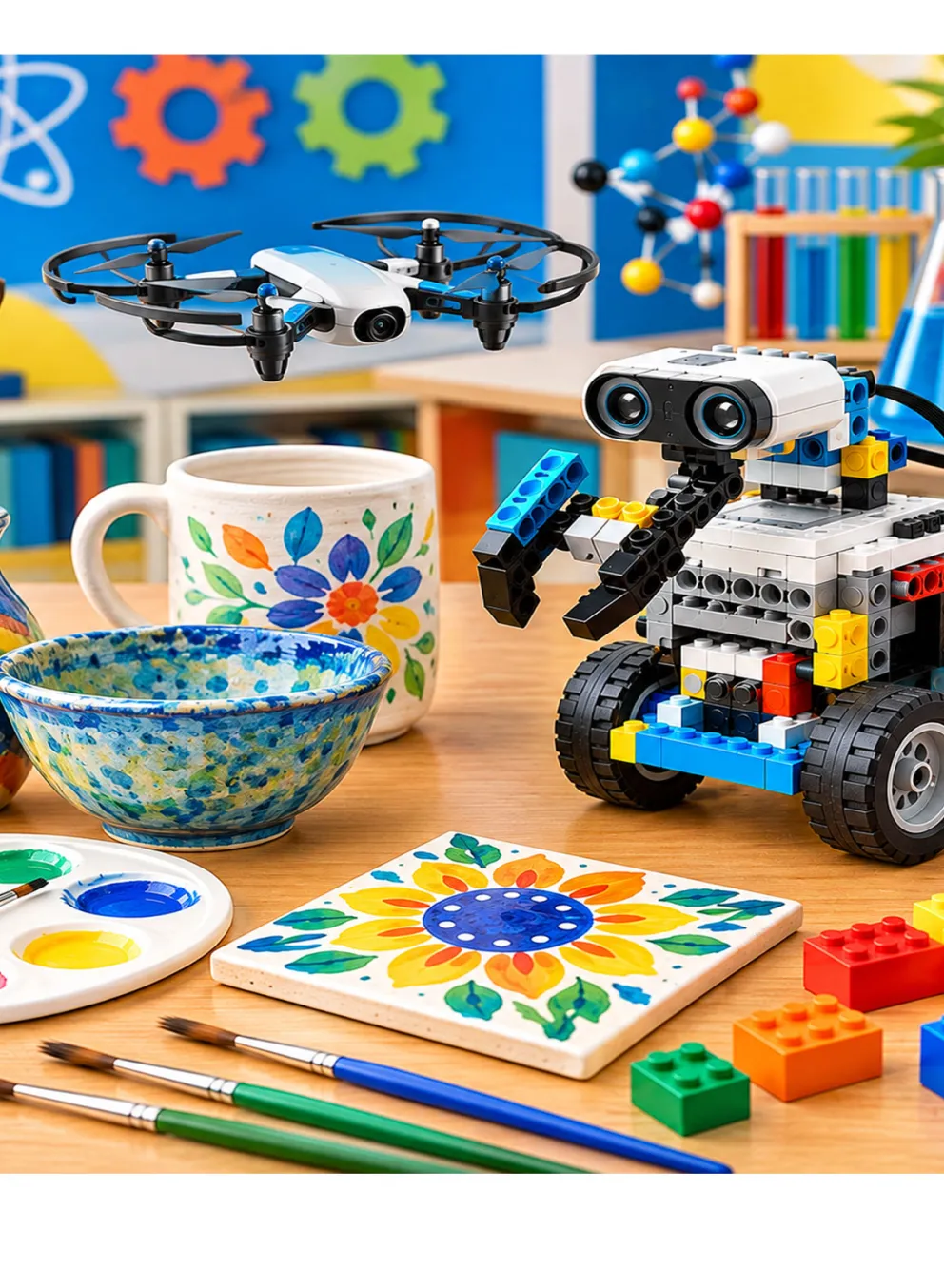 Collection of art, legos, drone and ceramics objects