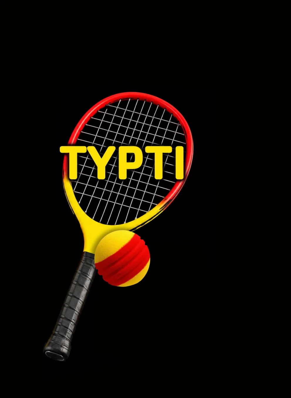 Red and yellow Typti racquet and ball on black background
