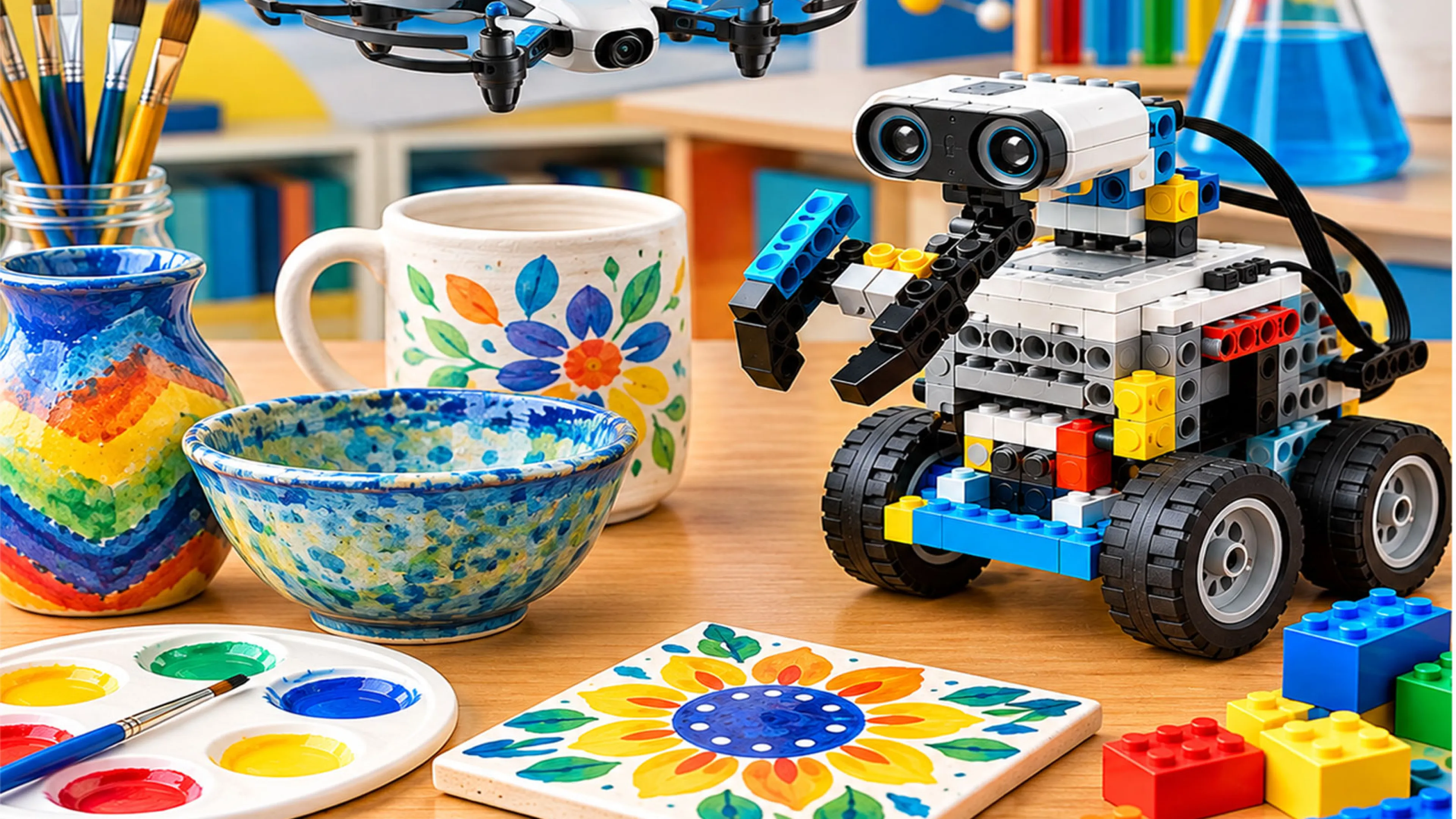 Collection of art, legos, drone and ceramics objects