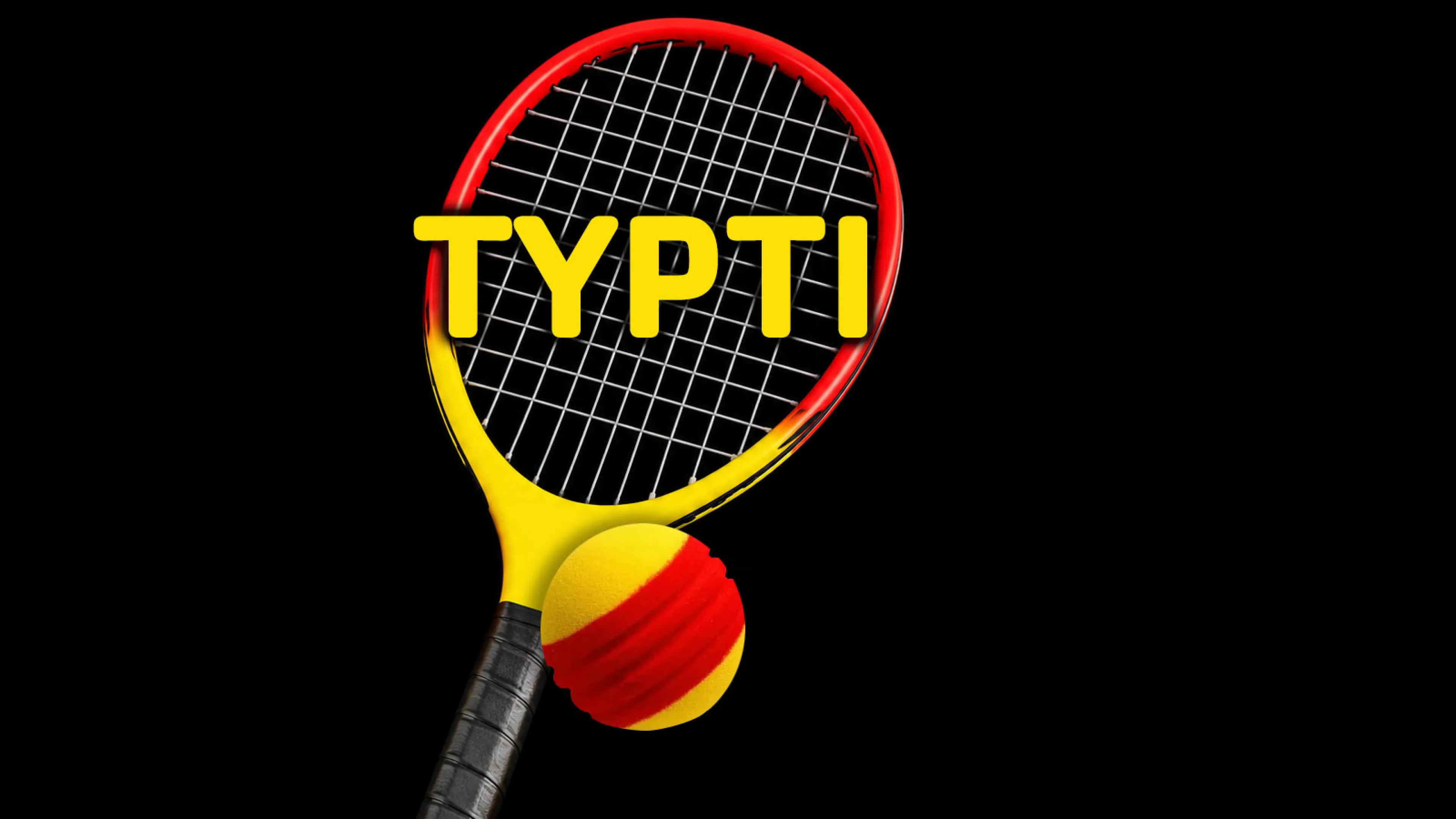 Red and yellow Typti racquet and ball on black background